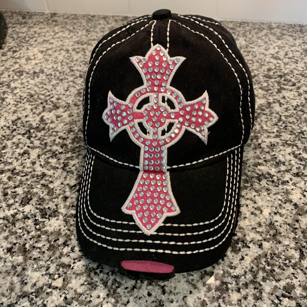 Y2K RainBow Hat Cap Strap Back Black Embroidered Rhinestone Cross Affliction